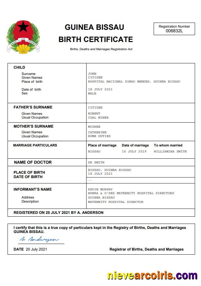 Guinea Bissau birth certificate